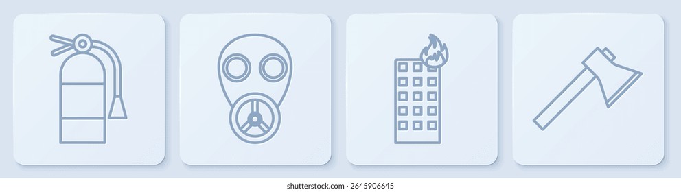 Set line Fire extinguisher, Fire in burning building, Gas mask and Firefighter axe. White square button. Vector