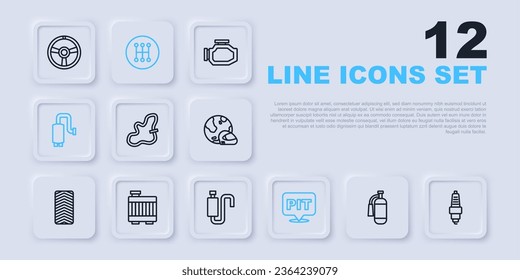 Set line Fire extinguisher, Car spark plug, Racing track, Pit stop, muffler, radiator cooling system, Gear shifter and  icon. Vector