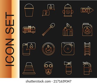 Set line Fire extinguisher, escape, Canister for flammable liquids, hydrant, shovel, truck, bucket and burning buildings icon. Vector