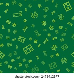 Set line Fire extinguisher, Evacuation plan and Firefighter axe on seamless pattern. Vector