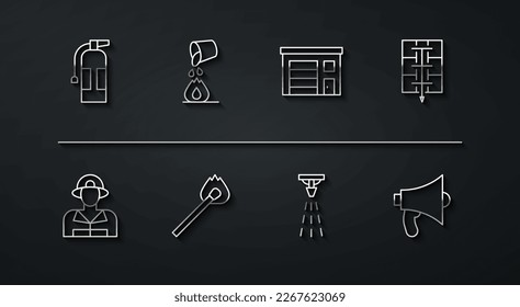 Fija línea Extintor de incendios, Bombero, plan de evacuación, rociador, Lugar de quemado con fuego, extinción de cubos, Megáfono y el icono del edificio de la estación. Vector