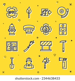Set line Fire extinguisher, Firefighter axe, alarm system, exit, Smoke, hydrant, Emergency call 911 and  icon. Vector