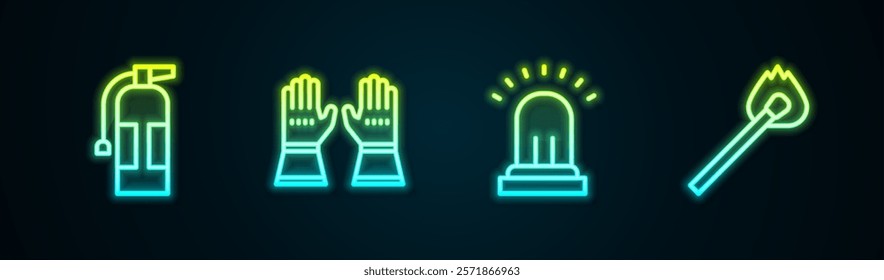 Set line Fire extinguisher, Firefighter gloves, Ringing alarm bell and Burning match with fire. Glowing neon icon. Vector