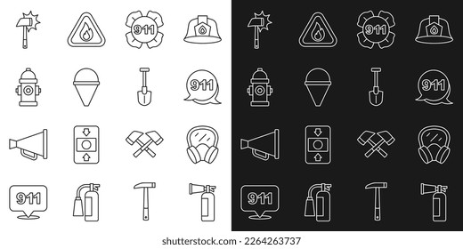 Set line Fire extinguisher, Gas mask, Emergency call 911, cone bucket, hydrant, Firefighter axe and shovel icon. Vector