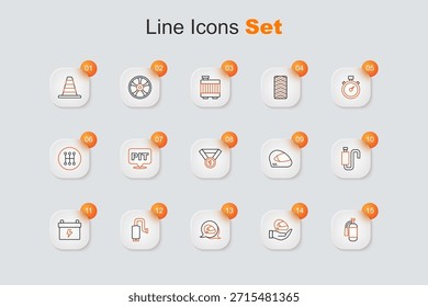 Set line Extintor de incendios, casco de carreras, silenciador de coche, batería e icono de medalla. Vector