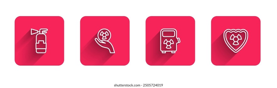 Set line Fire extinguisher, Radioactive, Electric car charging station and shield with long shadow. Red square button. Vector