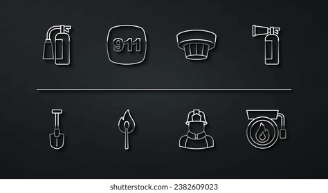 Fija línea Extintor de incendios, pala, bombero, fuego de fuego, emergencia 911, timbre de alarma y icono del sistema de humo. Vector