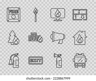 Set line Fire extinguisher, truck, Location with fire flame, exit, alarm system, burning buildings,  and house icon. Vector