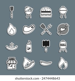 Set line Fire flame, Barbecue grill, with steak, Burger, Steak meat, spatula and Crossed fork and icon. Vector