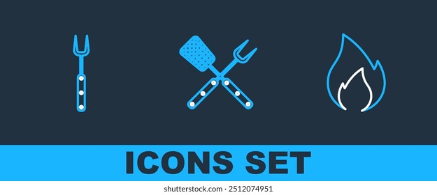 Set line Fire flame, Barbecue fork and Crossed and spatula icon. Vector