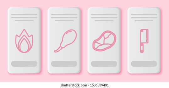 Set line Fire flame, Chicken leg, Steak meat and Meat chopper. White rectangle button. Vector