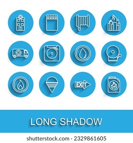 Set line Fire flame, cone bucket, Medical hospital building, exit, Canister for flammable liquids, Ringing alarm bell,  and Water drop icon. Vector