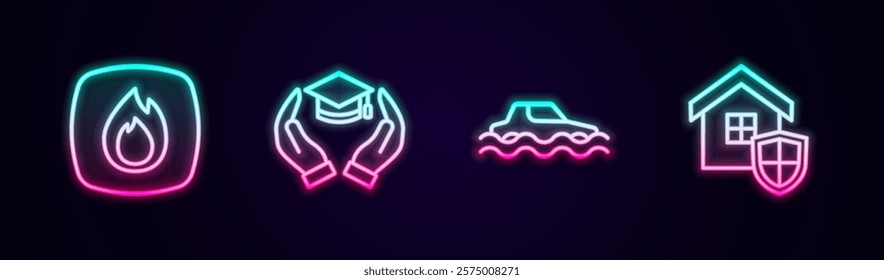 Set line Fire flame, Education grant, Flood car and House with shield. Glowing neon icon. Vector