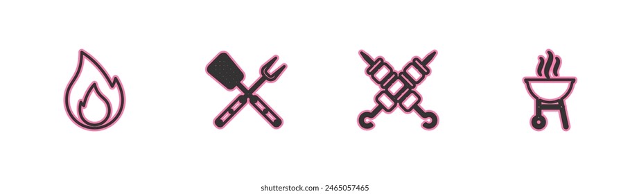 Set line Fire flame, Grilled shish kebab, Crossed fork and spatula and Barbecue grill icon. Vector