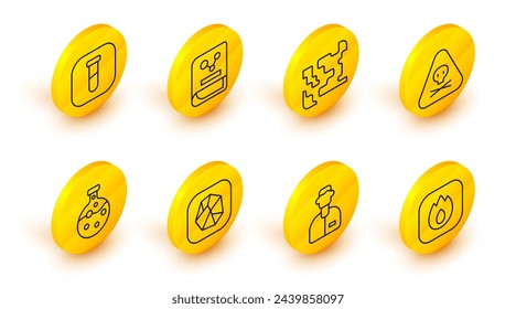 Set line Fire flame, Laboratory assistant, Salt stone, Test tube and flask, Triangle warning toxic, Gaseous, Chemistry book and  icon. Vector