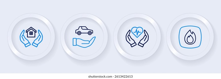Set line Fire flame, Life insurance, Car and House hand icon. Vector