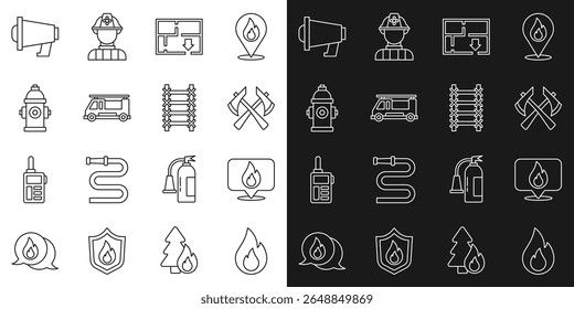 Set line Fire flame, Location with fire, Firefighter axe, Evacuation plan, truck, hydrant, Megaphone and escape icon. Vector