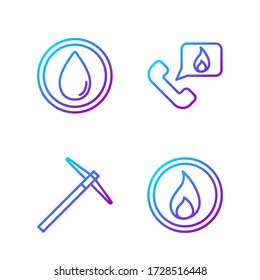 Set line Fire flame, Pickaxe, Water drop and Telephone with emergency call 911. Gradient color icons. Vector