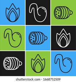 Set line Fire flame, Salami sausage and Fried chicken wing icon. Vector