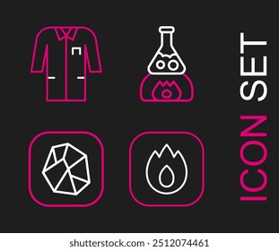 Fije la llama de fuego de la línea, la piedra de sal, el fuego del frasco del tubo de ensayo y el icono uniforme del laboratorio. Vector