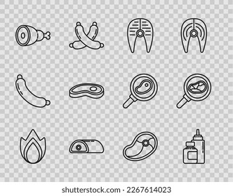 Set line Fire flame, Sauce bottle, Fish steak, Meat, Chicken leg, Steak meat,  and in frying pan icon. Vector