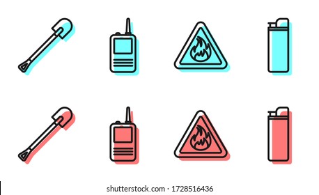 Set line Fire flame in triangle, Fire shovel, Walkie talkie and Lighter icon. Vector