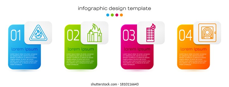 Set line Fire flame in triangle, Fire in burning buildings, Fire in burning building and Fire hose cabinet. Business infographic template. Vector