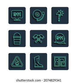 Set line Fire flame in triangle, boots, Evacuation plan, Firefighter axe, bucket, Emergency call 911 and  icon. Vector