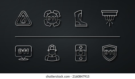 Set line Fire flame in triangle, Emergency call 911, Smoke alarm system, Firefighter,  and boots icon. Vector