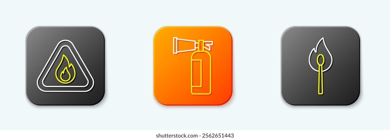 Set line Fire flame in triangle, extinguisher and Burning match with fire icon. Vector