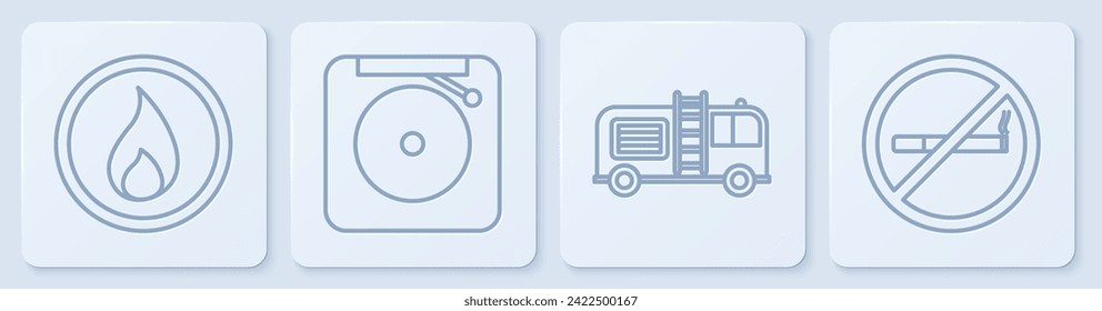 Set line Fire flame, Fire truck, Ringing alarm bell and No Smoking. White square button. Vector