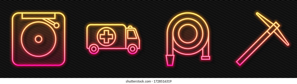 Set line Fire hose reel, Ringing alarm bell, Ambulance and emergency car and Pickaxe. Glowing neon icon. Vector