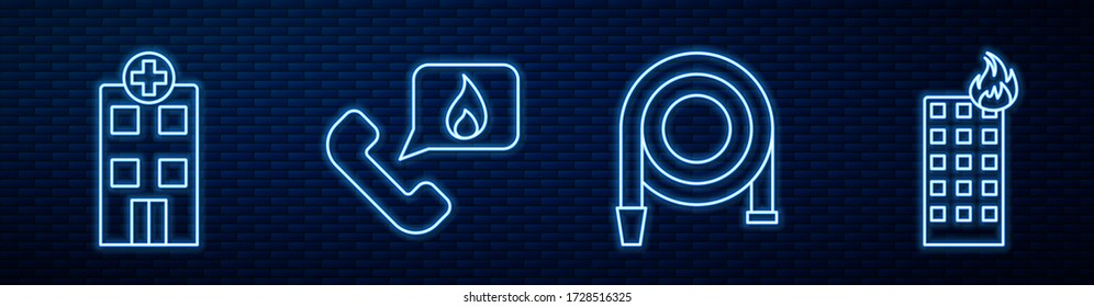 Set line Fire hose reel, Medical hospital building, Telephone with emergency call 911 and Fire in burning building. Glowing neon icon on brick wall. Vector