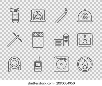 Set line Fire hose reel, flame, Cigarette, Walkie talkie, extinguisher, Open matchbox and matches, Ringing alarm bell and system icon. Vector