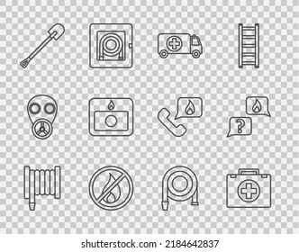 Set Line Fire Hose Reel, First Aid Kit, Ambulance And Emergency Car, No Fire, Shovel, Alarm System,  And Phone With Call 911 Icon. Vector