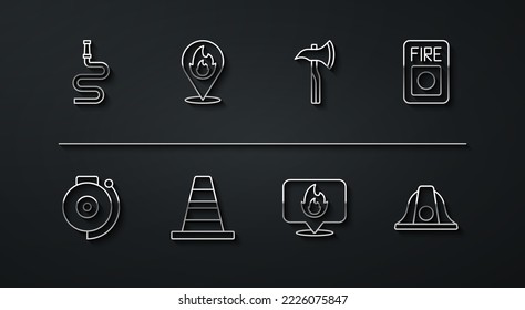 Set line Fire hose reel, Ringing alarm bell, system, Location with fire flame, Traffic cone, Firefighter helmet and axe icon. Vector