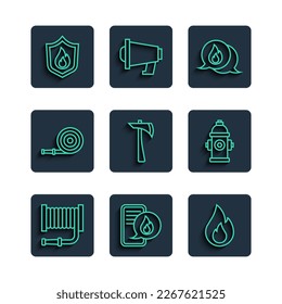 Set line Fire hose reel, Phone with emergency call 911, flame, Telephone, Firefighter axe, protection shield and hydrant icon. Vector