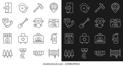 Set line Fire hose reel, extinguisher, alarm system, Firefighter axe, shovel, Telephone call 911, exit and Gas mask icon. Vector