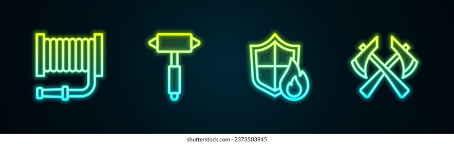 Set line Fire hose reel, Firefighter axe, protection shield and . Glowing neon icon. Vector