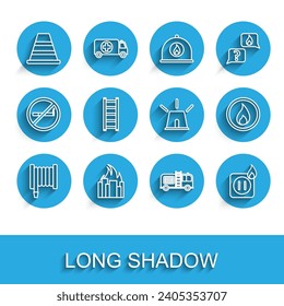 Set line Fire hose reel, in burning buildings, Traffic cone, truck, Electric wiring of socket fire, escape, flame and Flasher siren icon. Vector