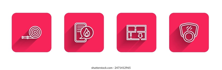 Set line Fire hose reel, Phone with emergency call 911, Evacuation plan and Gas mask with long shadow. Red square button. Vector