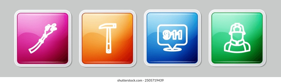 Set line Fire hose reel, Firefighter axe, Emergency call 911 and . Colorful square button. Vector