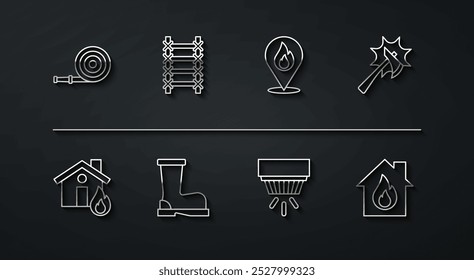 Set line Fire hose reel, in burning house, Firefighter axe, Smoke alarm system, boots, escape,  and Location with fire flame icon. Vector