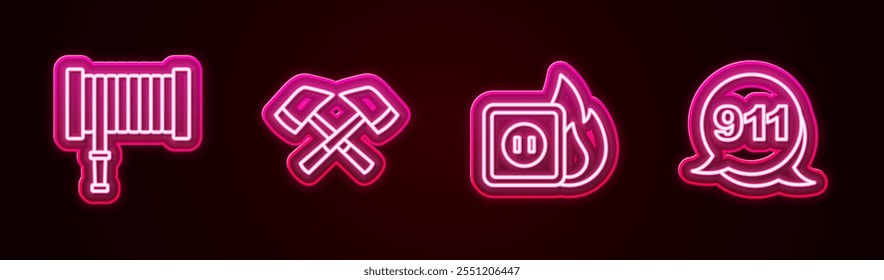 Set line Fire hose reel, Firefighter axe, Electric wiring of socket in fire and Emergency call 911. Glowing neon icon. Vector