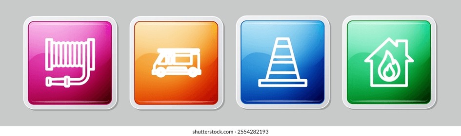 Set line Fire hose reel, truck, Traffic cone and in burning house. Colorful square button. Vector