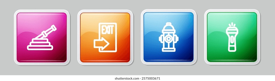 Set line Fire hose reel, exit, hydrant and Flashlight. Colorful square button. Vector