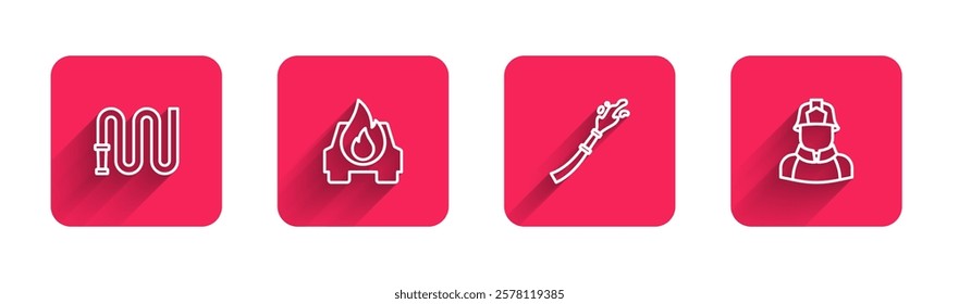 Set line Fire hose reel, Burning car,  and Firefighter with long shadow. Red square button. Vector