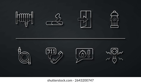 Set line Fire hose reel, hydrant, Telephone call 911, Cigarette, Electricity spark and exit icon. Vector