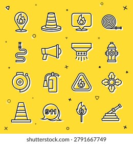 Set line Fire hose reel, Firefighter, hydrant, Location with fire flame, Megaphone,  and sprinkler system icon. Vector