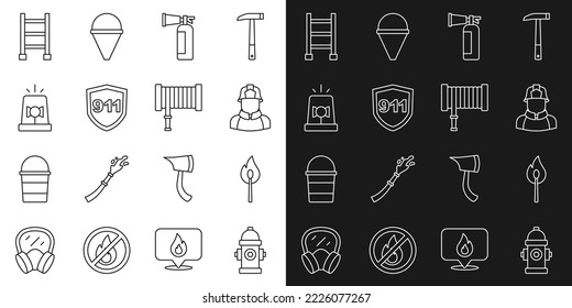 Set line Fire hydrant, Burning match with fire, Firefighter, extinguisher, Emergency call 911, Flasher siren, escape and hose reel icon. Vector